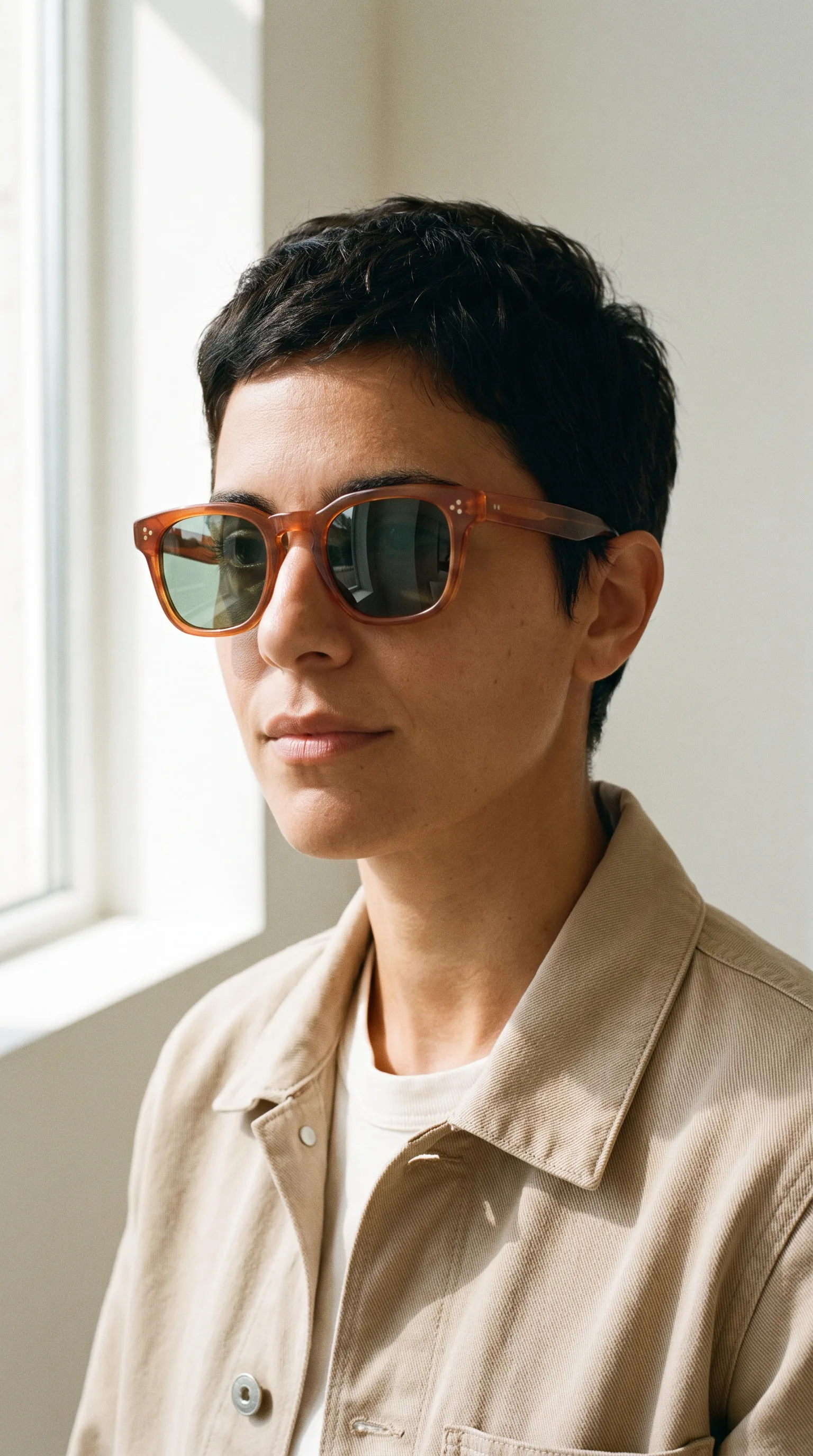 Retrato editorial con gafas de acetato
