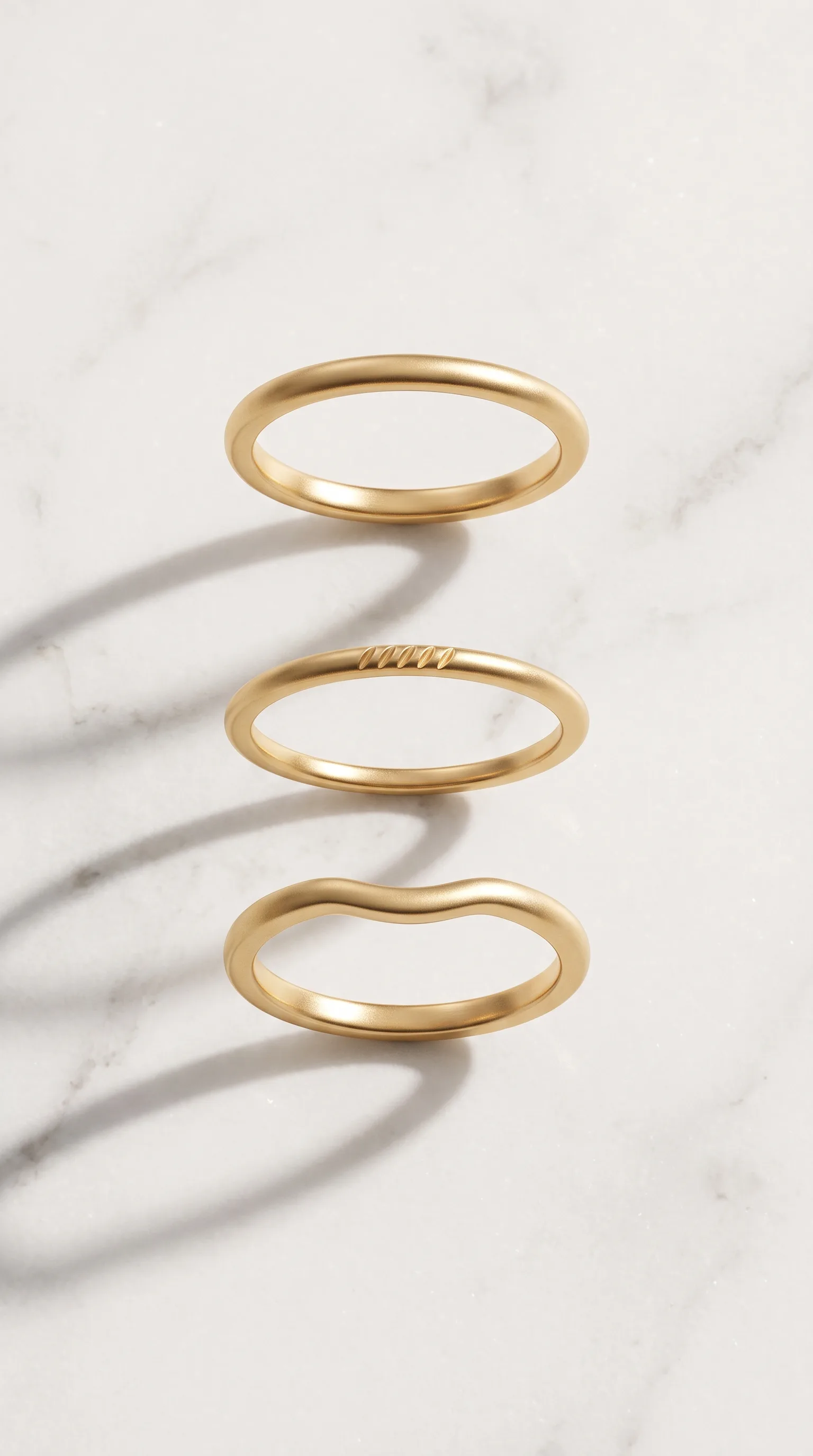 Tres anillos ficticios de oro mate sobre mármol
