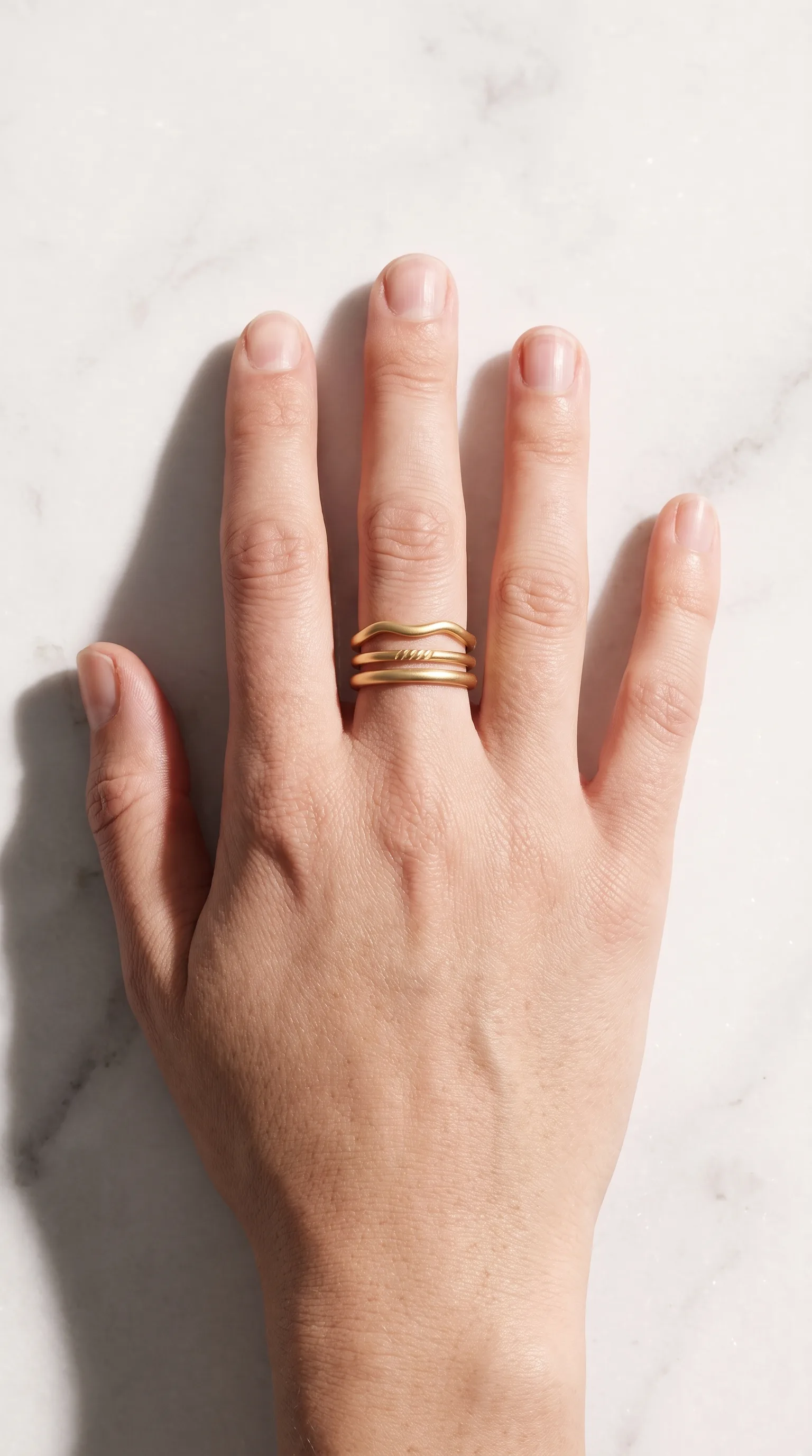 Tres anillos apilados en una mano