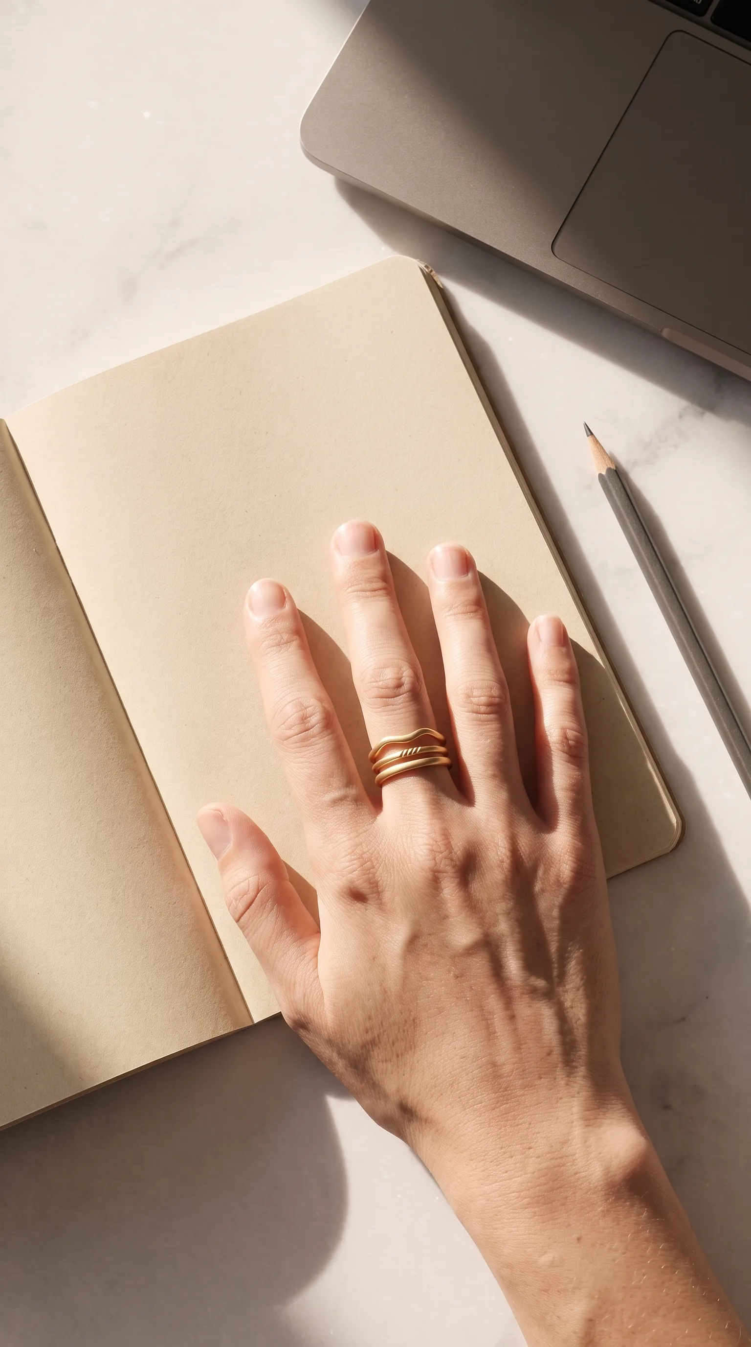 Mano con anillos junto a un cuaderno
