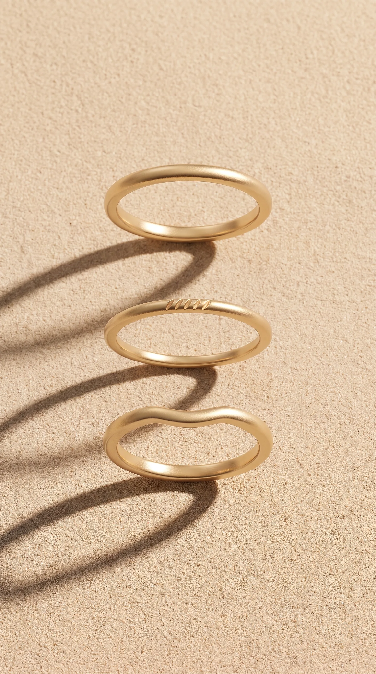 Tres anillos alineados sobre arena
